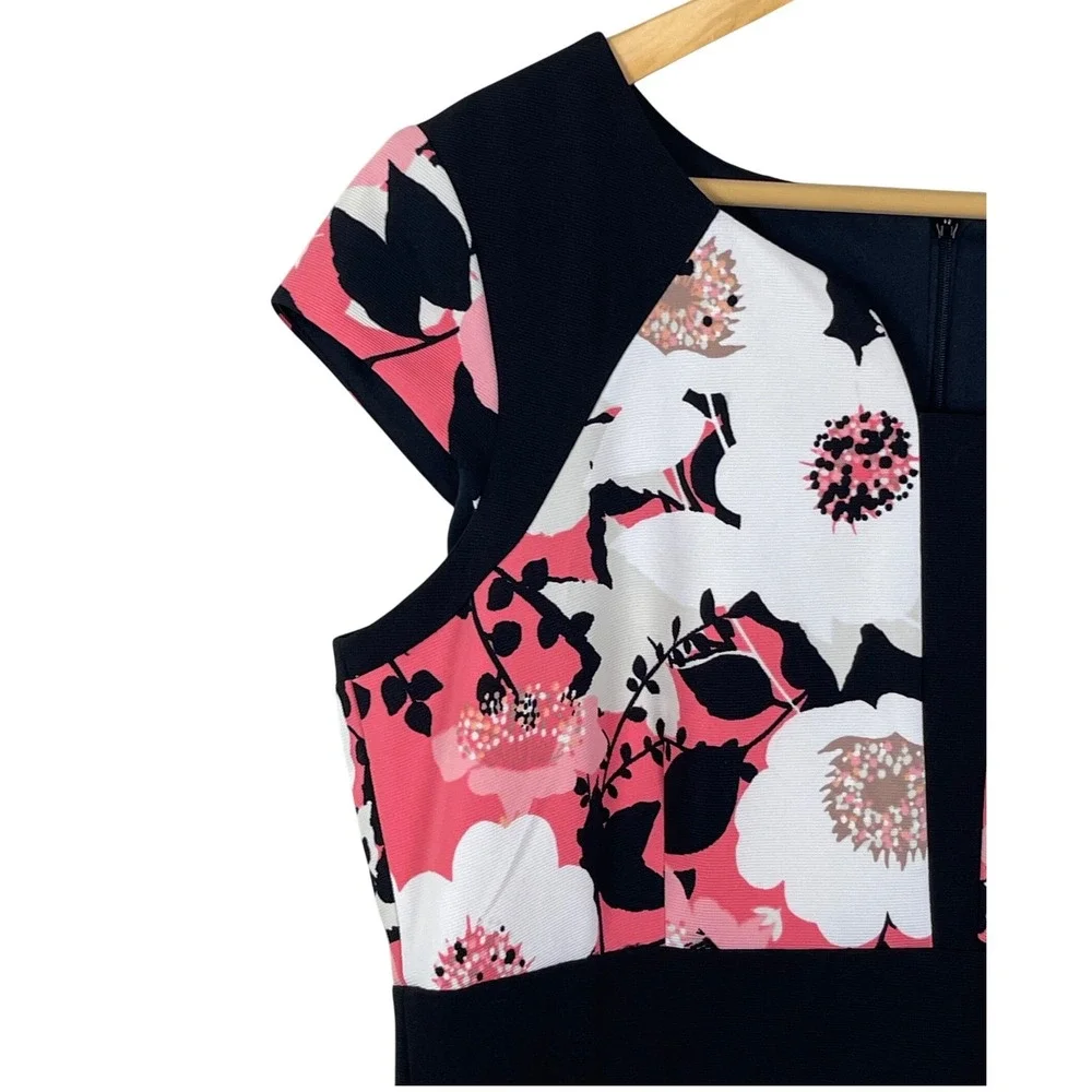 New York & Company Pink Black Women Sheath Dress 16 Floral Cap Sleeve Colorblock